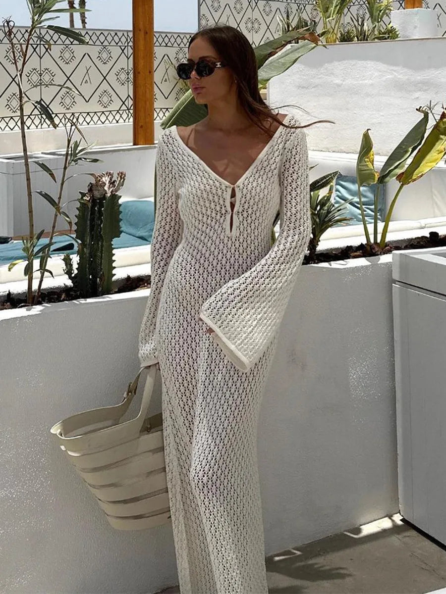 Hollow V-Neck Knitted Beach Dress