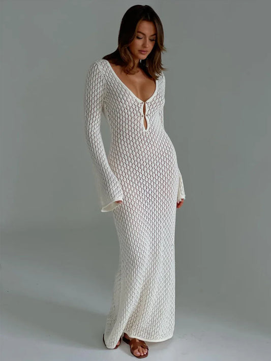 Hollow V-Neck Knitted Beach Dress