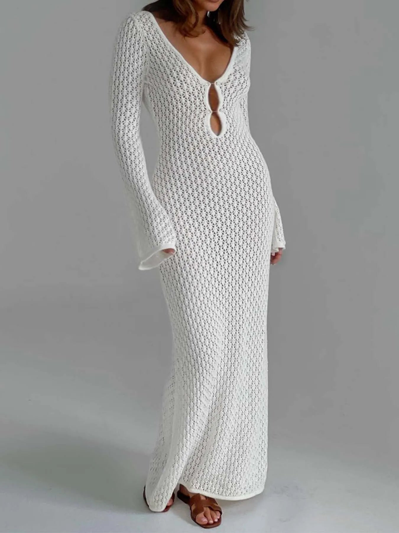 Hollow V-Neck Knitted Beach Dress